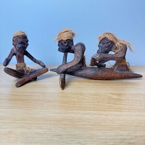 Unbranded Tribal Figures Set OS Brown Good Wood Carved Canoe Seated Folk Art